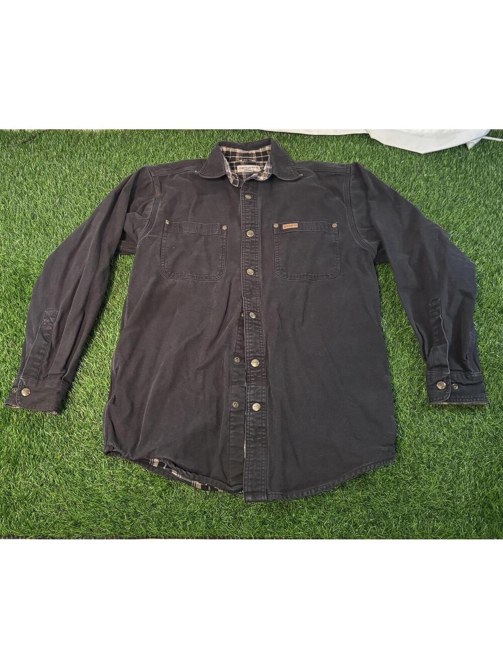 Faded Vintage Style Carhartt Flannel Lined Snap Front Work Jacket Size Small